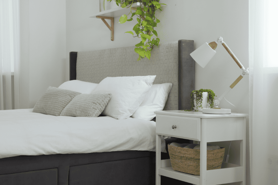 bedroom decor with grey headboard