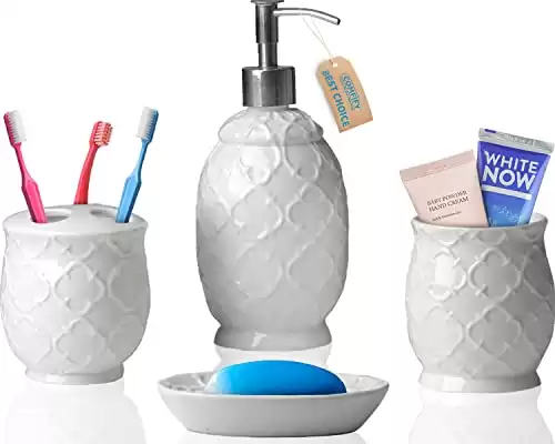 White Embossed Ceramic Bathroom Accessory Set