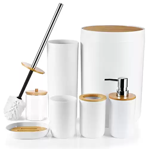 White & Bamboo Bathroom Accessory Set