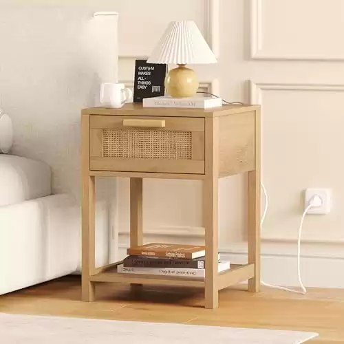 Rattan Nightstand with Charging Station