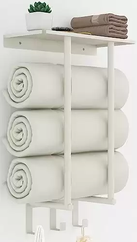 White Towel Rack with Shelf & Hooks