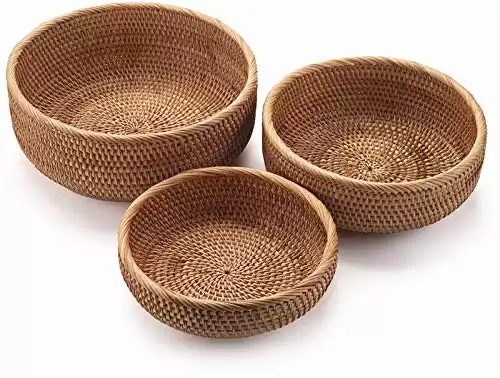 Set of 3 Natural Rattan Handwoven Round Baskets