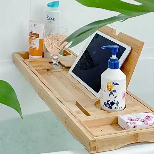 Extendable Bamboo Bath Tray (with Tech & Wine Glass Holder!)