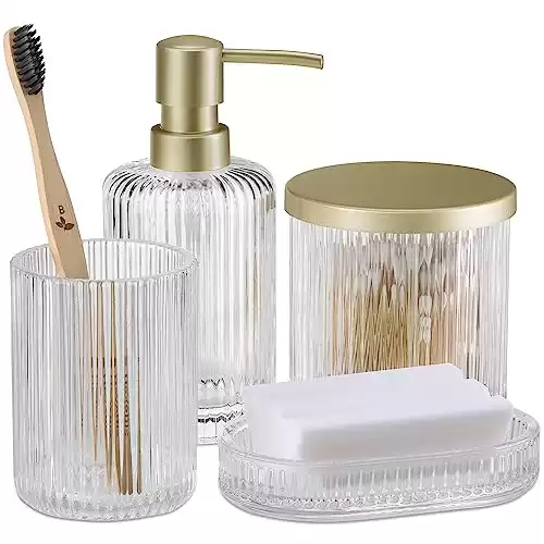 Ribbed Glass & Gold Bathroom Accessories Set