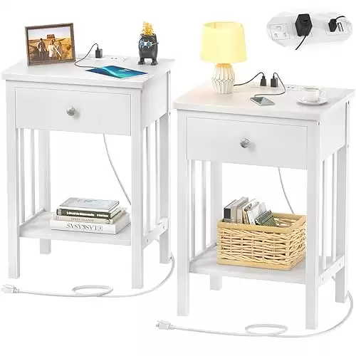 2 White Nightstands with Charging Station