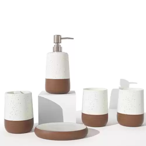 Ceramic Bathroom Accessories Set in White & Brown Duotone