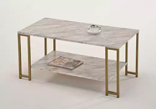 Faux Marble & Gold Accent 2-Tier Coffee Table