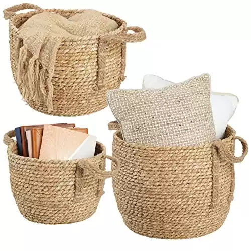 Set of 3 Round Braided Seagrass Baskets with Handles