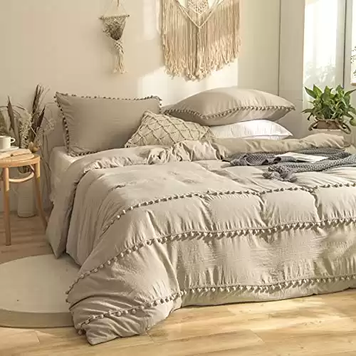 Taupe Boho Pom Pom Duvet Cover Set