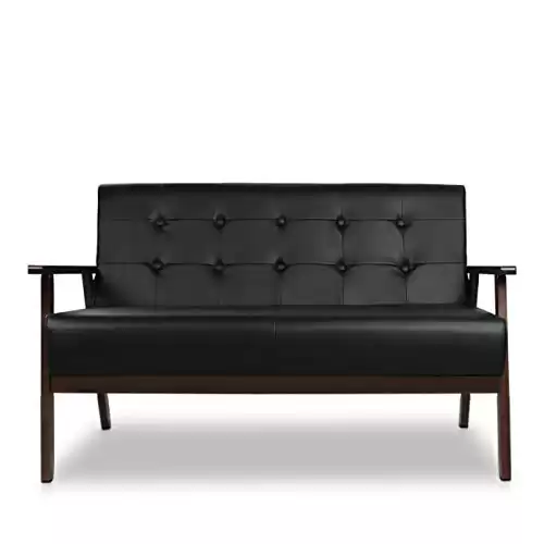 Mid-Century Modern Upholstered Faux Leather Couch