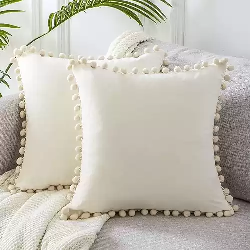 Cream Velvet Pompom Cushion Cover