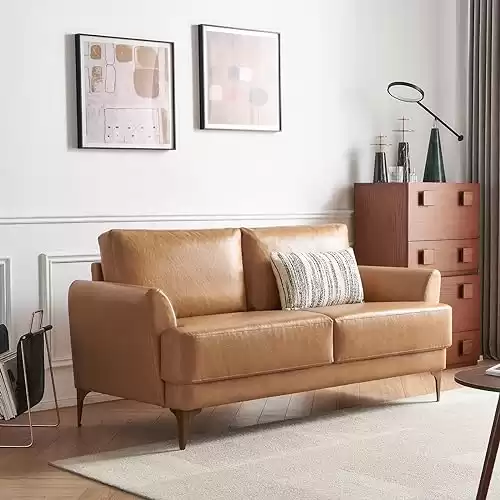 Mid-Century Modern Tan Leather Sofa